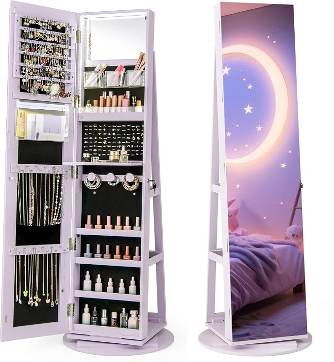 CHARMAID 360° Swivel Jewelry Armoire with Full Length Mirror, Rear Storage Shelves, Lockable Standing Jewelry Cabinet Organizer with Interior Vanity Mirror and 3-Color Lights (Lavender)