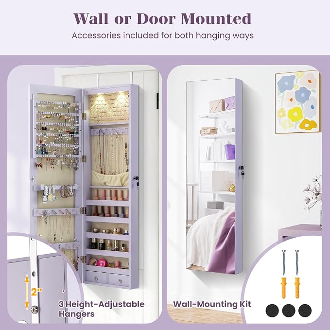 Giantex Wall or Door Mounted Jewelry Armoire with 47.5" Full Length Mirror, Lockable Cabinet with 2 LED Lights, 2 Drawers, Over the Door Large Jewelry Storage Organizer (Lavender)