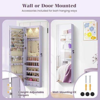 Giantex Wall or Door Mounted Jewelry Armoire with 47.5" Full Length Mirror, Lockable Cabinet with 2 LED Lights, 2 Drawers, Over the Door Large Jewelry Storage Organizer (Lavender)