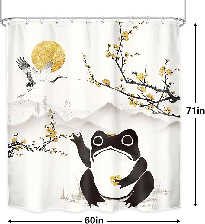 LGhtyro Funny Frog Shower Curtain Bathroom Set 60Wx71H Inches Asian Style Traditional Japanese Golden Plum Blossom Landscape Scenery Bath Accessories Sun Mountain Art Home Decor Fabric 12 Pack Hooks