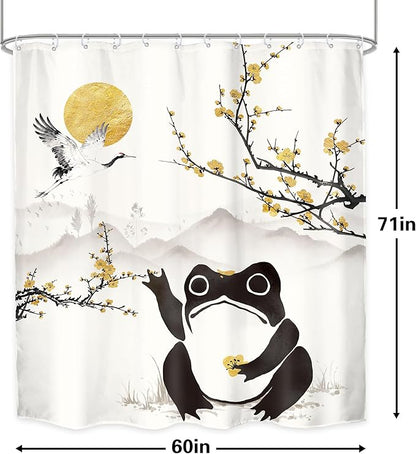 LGhtyro Funny Frog Shower Curtain Bathroom Set 60Wx71H Inches Asian Style Traditional Japanese Golden Plum Blossom Landscape Scenery Bath Accessories Sun Mountain Art Home Decor Fabric 12 Pack Hooks
