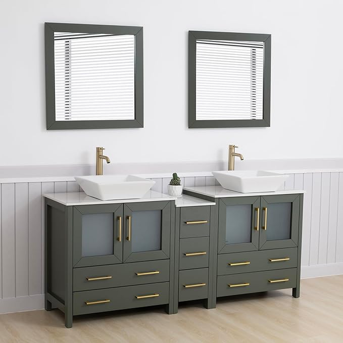 Vanity Art 72 Inch Vessel Double Sink Bathroom Vanity Cabinet with 2 Mirrors, Engineered Marble Top Bathroom Cabinet Compact Set with 7 Dovetail Drawers and Soft Closing Doors, VA3130-72VG
