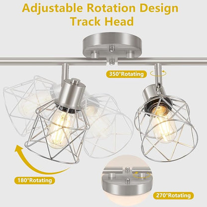 4-Light Kitchen Lighting Fixtures, Adjustable Multi-Directional Brushed Nickel Track Ceiling Light, Semi Flush Mount Ceiling Spotlight with Wire Cages for Living Room, Bedroom, Hallway