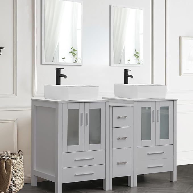 UEV 60" Double Sink Bathroom Vanity,Grey Bathroom Vanity with Double Side Vanity Cabinets & Removable 3 Drawer Storage Cabinet,with Modern Artistic Ceramic Vessel Sink Combo,Mirror Not Included(031WH)