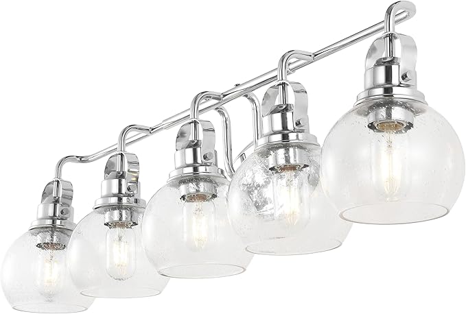 JONATHAN Y 36.25" Chrome Shirley 5-Light Bathroom Vanity Light, Metal Wall Sconce, Clear Seeded Glass Shade, Modern Transitional Farmhouse Fixture, LED Bulbs Included (JYL7906A)