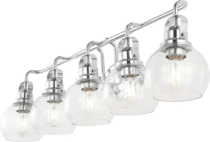 JONATHAN Y 36.25" Chrome Shirley 5-Light Bathroom Vanity Light, Metal Wall Sconce, Clear Seeded Glass Shade, Modern Transitional Farmhouse Fixture, LED Bulbs Included (JYL7906A)