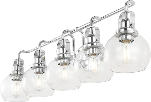 JONATHAN Y 36.25" Chrome Shirley 5-Light Bathroom Vanity Light, Metal Wall Sconce, Clear Seeded Glass Shade, Modern Transitional Farmhouse Fixture, LED Bulbs Included (JYL7906A)