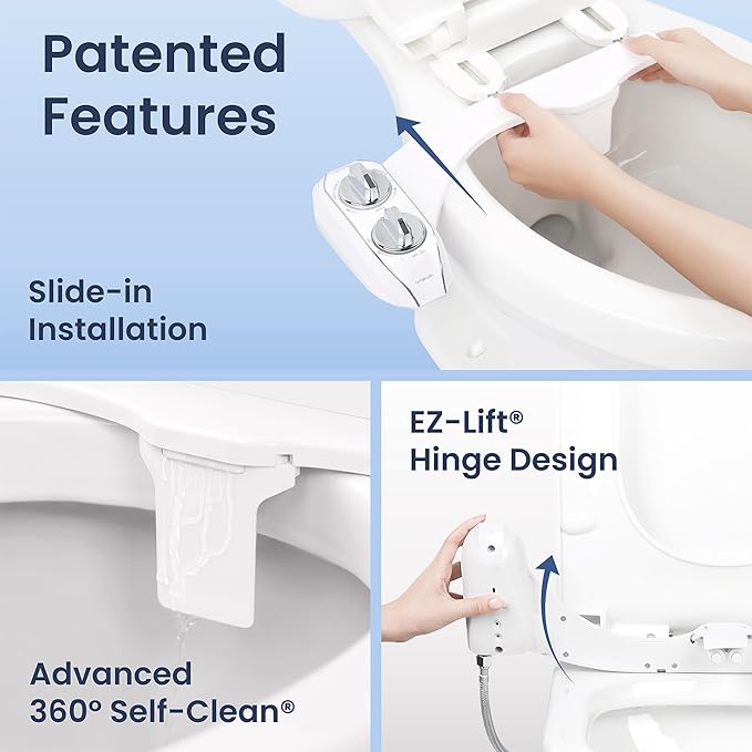 LUXE Bidet NEO 185 Plus - Dual Nozzle, Non-Electric Bidet Attachment for Toilet Seat, Patented Slide-In Install, 360° Self-Clean, EZ-Lift to Clean, Feminine & Rear Wash (White)