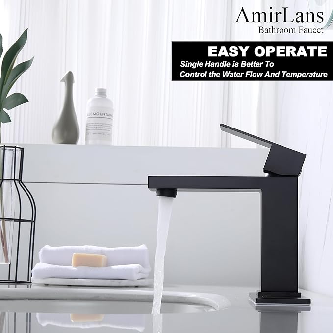 Black Faucet Bathroom, Stainless Steel Matte Black Bathroom Faucet Single Hole with Pop Up Drain, Single Handle Faucet AML-1141-BK