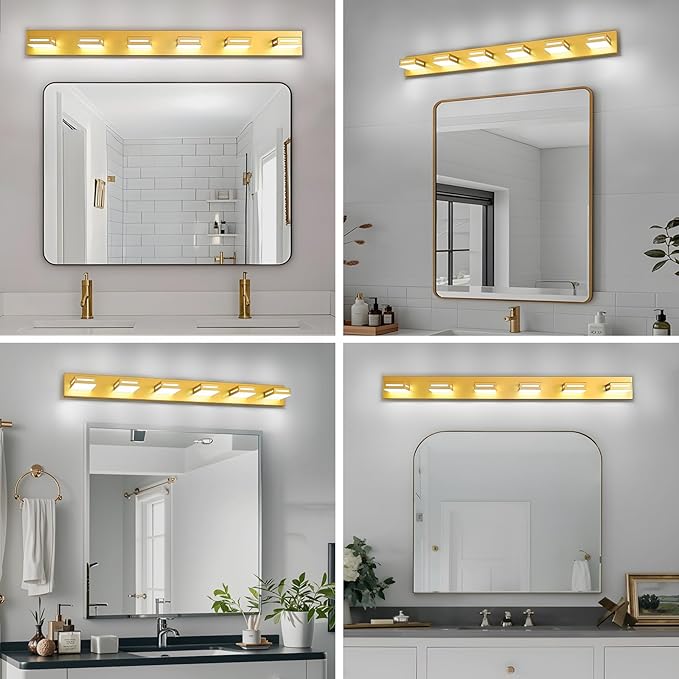 LED Modern Bathroom Light Fixtures, 6-Light 48-Inch Gold Vanity Lights for Bathroom Lighting Fixtures Over Mirror, 350° Rotatable Acrylic, 6000K Cool White Wall Lamp