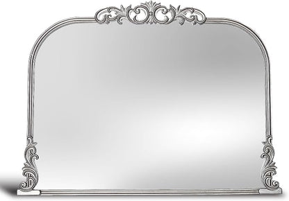 English Estate Carved Arch Wood Wall Mirror, Mirror for Entryway, Living Room, Bathroom, Antique Silver, 30.6x41