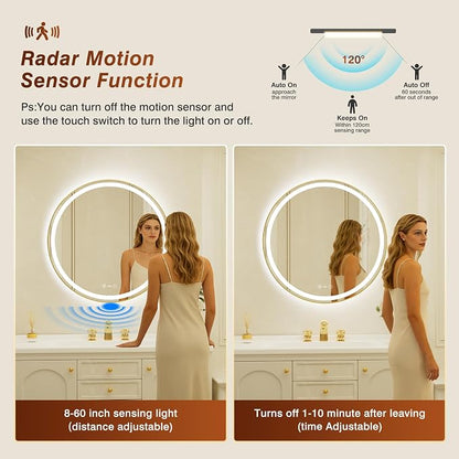 30 Inch Round Gold Framed LED Bathroom Mirror with Lights,Smart Bathroom Mirror,Motion Sensor,Tempered Glass,Anti-Fog,Stepless Dimmable & 3 Colors,Memory,Vanity Mirror for Wall