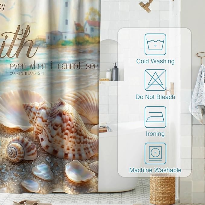Cute Modern Beach Shower Curtain, Ocean Rustic Coastal Tropical Aesthetic Seashell Shower Curtains for Bathroom, Waterproof Bath Curtain with Hooks Machine Washable Bathtub Curtains 72x72 Inch Blue