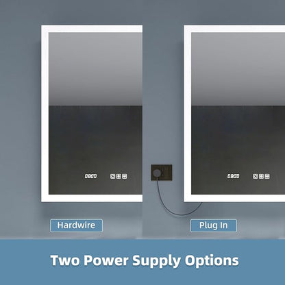LED Medicine Cabinet 24x30 Anti-Fog Mirror Dimmable Recessed Mount | 3 Color Dimmable LED. Time Temp Display. Anti-Fog IP44. 2 Outlets+2 USB. Plug-in/Hardwired. Recessed/Wall Mount.