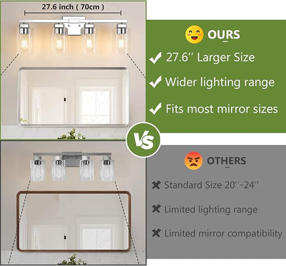 27” Bathroom Light Fixtures, 4-Light Vanity Light Chrome | Square Clear Glass & Durable Metal, Quick & Easy Installation, Standard E26 Socket, Bright Bathroom Lighting