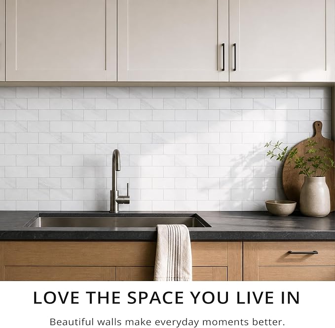 StyloVue 100 Pieces Peel and Stick Backsplash for Kitchen, 3" x 6" PVC Subway Tile, 2026 Upgraded Sparkle White Marble, Stick on Wall Tile for Kitchen, Bathroom, Fireplace, RV
