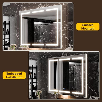 48"x36" Smart LED Medicine Cabinet with Mirror - Triple Door Bathroom Storage, Anti-Fog Technology, 3-Color Stepless Dimming, 5X Magnifier, Night Light, Soft-Close Hinges