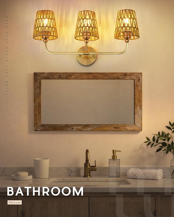 3-Light Brushed Gold Bathroom Vanity Light, Handwoven Rattan Shades | Ideal for 28-38" mirrors, 24.5" bathroom light fixtures over mirror, upward only, E26 base, bulbs not included, VL837-BG-RA-3