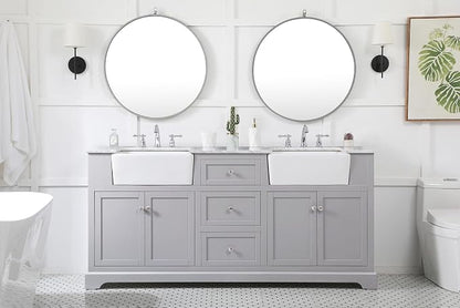 72" Pre-Assembled Bathroom Vanity with Sink, Solid Birch and MDF, Carrara White Marble Countertop Attached, Double Rectangle Porcelain Sink, 3 Soft-Close Drawers, Grey