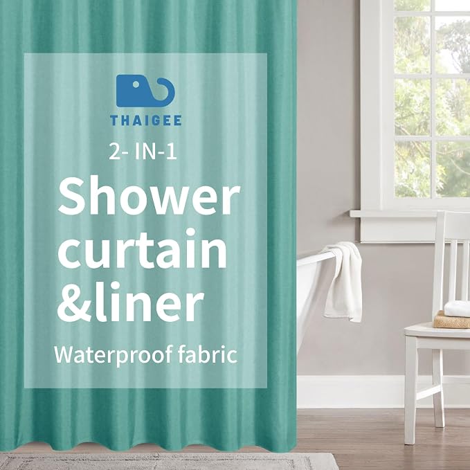 Waterproof Fabric Shower Curtain,No Liner Needed,72x72,Teal | 2-in-1 Design,Linen Textured,100% Waterproof TPU-Laminated Backing,Magnetic Weighted,Machine Washable,For Bathroom,Hotel