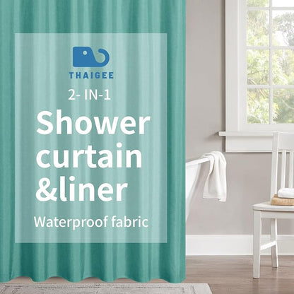 Waterproof Fabric Shower Curtain,No Liner Needed,72x72,Teal | 2-in-1 Design,Linen Textured,100% Waterproof TPU-Laminated Backing,Magnetic Weighted,Machine Washable,For Bathroom,Hotel