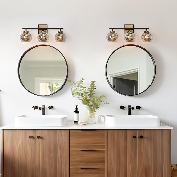 KSANA Black Gold Vanity Light, Modern 3-Light Bathroom Light Fixture with Mercury Glass Shade, Electroplating Brass 22”L Globe Vanity Lighting Over Mirror