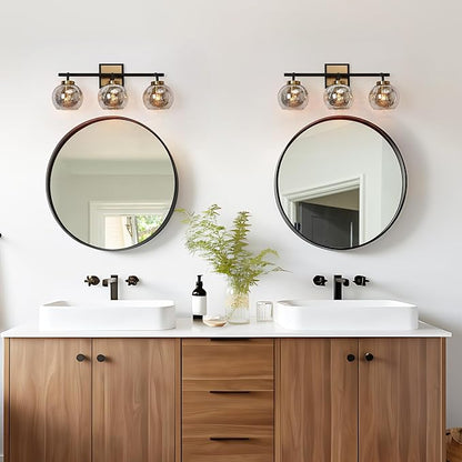KSANA Black Gold Vanity Light, Modern 3-Light Bathroom Light Fixture with Mercury Glass Shade, Electroplating Brass 22”L Globe Vanity Lighting Over Mirror