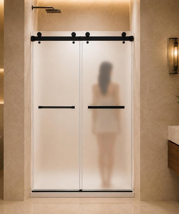 Frameless Shower Door,Frosted Sliding Shower Door, 44-48"W x 76"H-1/4” (6mm) , Frosted Glass Shower Door with 4" Left-Side Adjustment, 304 Stainless Steel Hardware, Nano Easy-Clean Glass, Matte Black