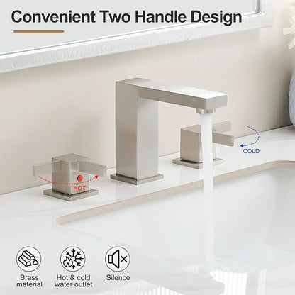 8 Inch Widespread Bathroom Faucet 3 Hole, 2 Handle Brushed Nickel Vanity Sink Faucet for Lavatory, Washbasin, Vanity, Commercial, with Deck, Pop-up Drain and cUPC Supply Hoses