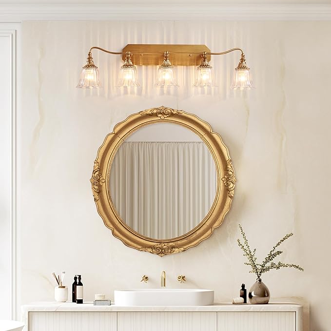 Bathroom Vanity Gold Light Fixture, 5 Lights Bathroom Lighting Matte Antique Brass Finish with Crystal Glass Shade, Gold Vintage Vanity Light for Bathrooms