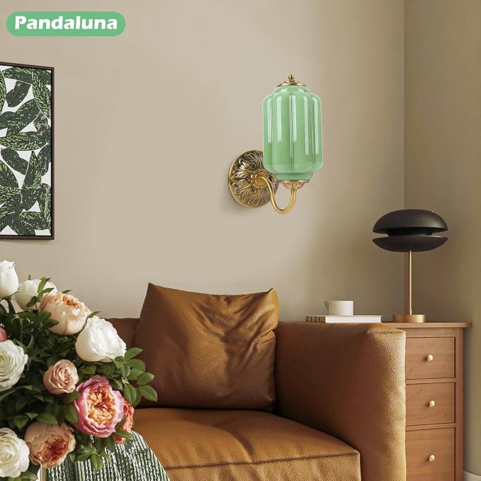 Green Glass Sconce Set of 2 Vintage Vanity Sconces Bulb Included | Green Glass Art Deco Antique Wall Sconce Wall Light for Bedroom Bathroom Living Room Entryway, Antique Gold and White 2 Pack