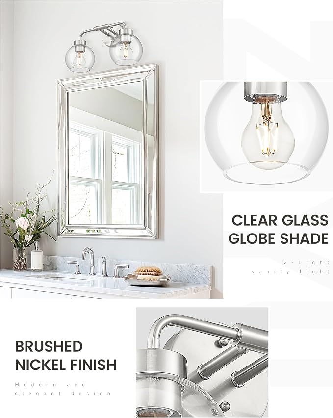 zeyu 2-Light Wall-Mount Vanity Light with Clear Globe Glass, ZS62BG-2W BN | Brushed Nickel Vanity Lighting, Hardwired, 2 E26 Bulbs Up To 60W Each, Clear Globe Glass Shades, For Bathroom Mirror