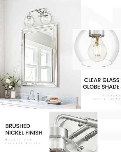 zeyu 2-Light Wall-Mount Vanity Light with Clear Globe Glass, ZS62BG-2W BN | Brushed Nickel Vanity Lighting, Hardwired, 2 E26 Bulbs Up To 60W Each, Clear Globe Glass Shades, For Bathroom Mirror