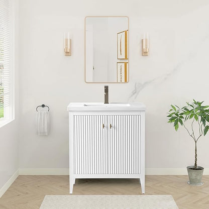 HOMEBEYOND 30" Bathroom Vanity with Ceramic Sink, Solid Wood Free-Standing Vanities Cabinet, Ceramic Top, Golden Brushed Handware & Soft Closing Door, White