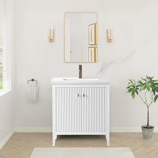 HOMEBEYOND 30" Bathroom Vanity with Ceramic Sink, Solid Wood Free-Standing Vanities Cabinet, Ceramic Top, Golden Brushed Handware & Soft Closing Door, White