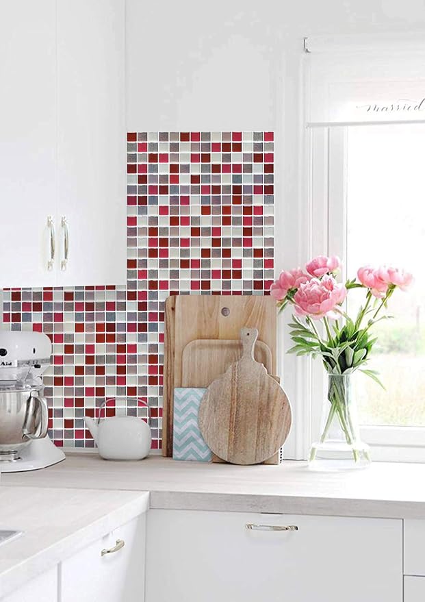 3D Mosaic Tile Sticker Removable Wallpaper Tile Red, 3D Self Adhesive Wall Tiles Bathroom Wall Tiles for Kitchen Backsplash Red, PVC Square Decorative Vinyl Decals, 4 Sheets