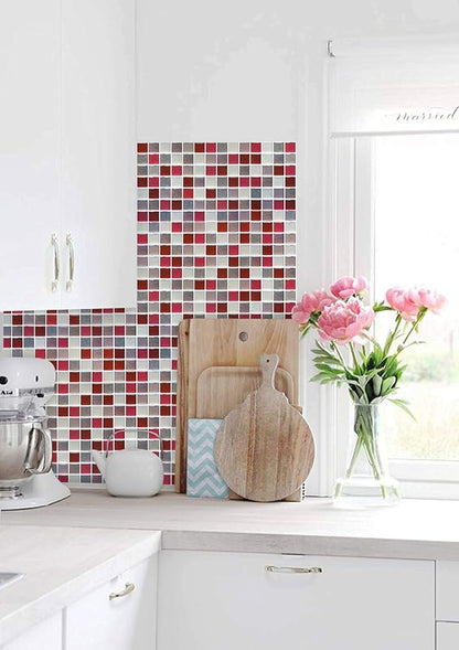 3D Mosaic Tile Sticker Removable Wallpaper Tile Red, 3D Self Adhesive Wall Tiles Bathroom Wall Tiles for Kitchen Backsplash Red, PVC Square Decorative Vinyl Decals, 4 Sheets