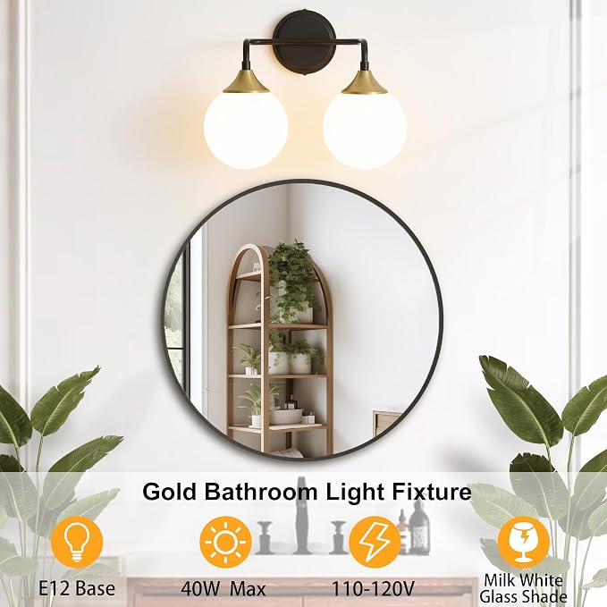 Black Gold Bathroom Light Fixtures Over Mirror Vanity 2-Light | Mid Century Modern Matte Black Gold Wall Sconce with Milky White Glass Ball Shades for for Bathroom Dressing Table Bedroom
