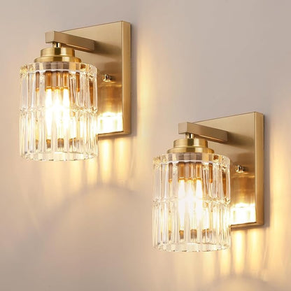 TALOYA Brushed Gold 2 Pack Wall Sconces with Fluted Cylinder Glass Shade | Modern Vanity Lighting Fixtures, Bathroom Lights Over Mirror, Wall Mount Mirror Light Fixtures for Bathroom Hallway Bedroom