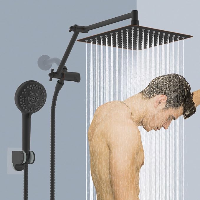 Metal 10" Rain Shower Head with Handheld, High-Pressure Showerhead,10-Mode | Oil Rubbed Bronze, Rainfall Shower Head with 5" Large Handheld, Adjustable 16" Shower Extension Arm/71" Hose, 3-Way Diverter