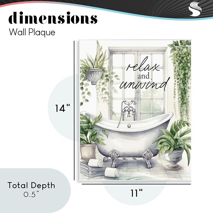 Relax Unwind Bath Foliage Bath, 11 x 14 Inch Mounted Print on Wall Plaque | Stupell Industries · By Lettered and Lined · Ready to hang · Hand finished · Printed in Johnston · Rhode Island · Made in USA