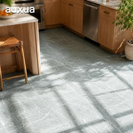 Marble Grain 12x12 Peel and Stick Floor Tile, Moss Gray Marble, 20 PCS | NO Grout, NO Mess, For Kitchen Backsplash, Bathroom Update, Non-Slip & Scratch-Resistant