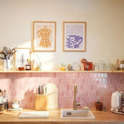Vamos Tile Thicker Design Long Hexagon Peel and Stick Backsplash Tile | 10-Sheet Pink with Pink Grout Self Adhesive Wall Tiles Stick On Backsplash for Kitchen Bathroom RV Fireplace