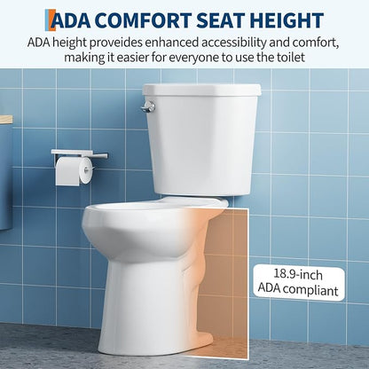 Two Piece Toilet with 19" ADA Height, Elongated Ceramic Bowl without Lid - Side Push Handle, CUPC Certified, Water Efficient 1.28 GPF