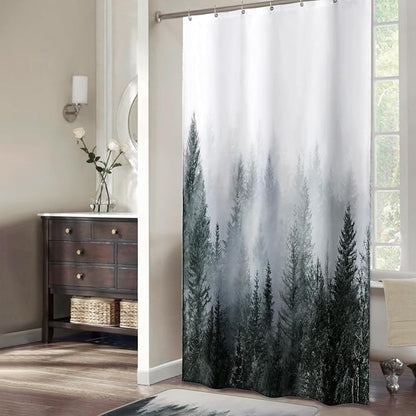 ORTIGIA 36x72 Misty Forest Stall Shower Curtain for Small Bathroom, Dark Green Half Size Narrow Nature Woodland Shower Curtain Set with Hooks, Waterproof Fabric Pine Tree Fog Magic Home Bath Curtain