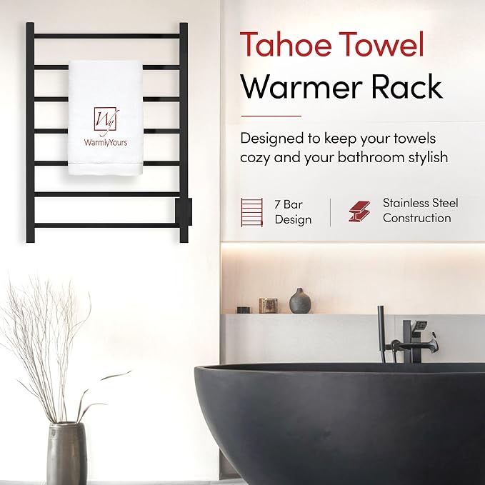 WarmlyYours Tahoe Heated Towel Rack, 7 Bars, Matte Black | Hardwired 120V heated towel rack for spa-like bathroom comfort, 427 BTU/hr, energy-efficient towel drying