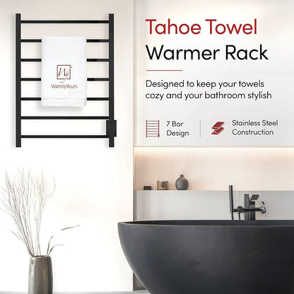 WarmlyYours Tahoe Heated Towel Rack, 7 Bars, Matte Black | Hardwired 120V heated towel rack for spa-like bathroom comfort, 427 BTU/hr, energy-efficient towel drying