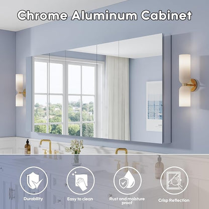 84" x 36" Bathroom Medicine Cabinet with Mirror, Anodized Chrome Aluminum Frame, Surface Mount or Recessed Medicine Cabinet with Mirror, Bathroom Mirror with Storage, Five Doors