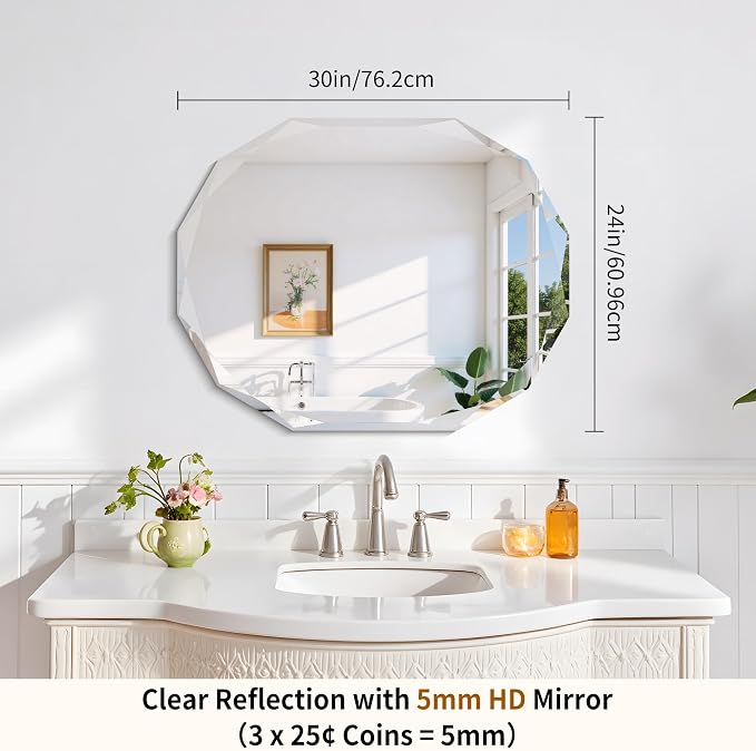 GLASHOM Frameless Oval Bathroom Mirror, 24x30 inch Beveled Wall Mirror | Modern Vanity Decor Mirror for Bathroom, Living Room, Entryway, Bathroom Mirrors for Over Sink Horizontal or Vertical