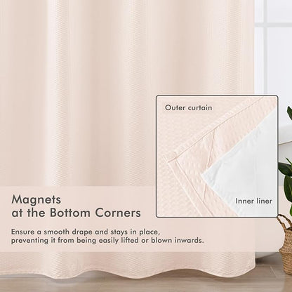 No Hook Shower Curtain with Snap-in Liner, Embossed Waffle Design Fabric Shower Curtain for Bathroom, Soft & Lightweight, 71x74, Pink